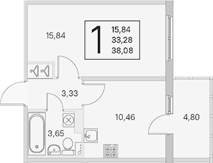 1-комнатная квартира 33.28 м², 3/4 эт., ЖК «Любоград в Стрельне»